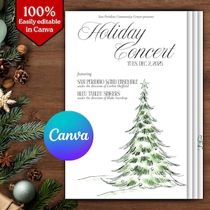 Puede incluir: Un folleto para un concierto navideño, con un árbol de Navidad dibujado a mano y el texto "Holiday Concert" con la fecha "Tues. Dec. 2, 2025." El folleto es fácilmente editable en Canva.
