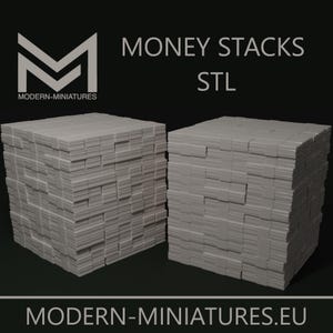 May include: Two stacks of money, rendered in a light grey colour, are featured in this image. The text "MONEY STACKS STL" is displayed in white, along with the logo and website address of Modern Miniatures.