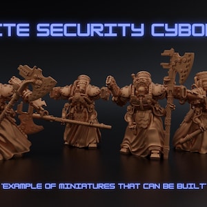May include: Four brown cyborg miniatures are shown, each with different weapons like axes and staffs, set against a dark backdrop. The text "ELITE SECURITY CYBORGS" is above, and "EXAMPLE OF MINIATURES THAT CAN BE BUILT" is below the figures.