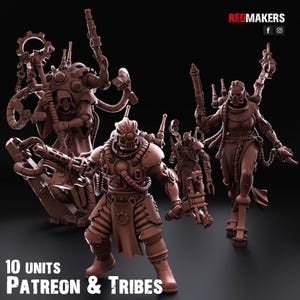 May include: Several brown, mechanical figurines, likely for gaming or collecting. The figures are intricately designed with weapons and armor. The text at the bottom says "10 UNITS PATREON & TRIBES". The Redmakers logo is visible in the top right corner.