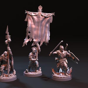 May include: Three bronze-coloured fantasy miniatures. One figure holds a spear with a skull, another carries a tattered banner, and the third wields a sword and shield. All are on circular bases, set against a dark background.