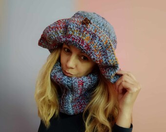 Ensemble d'hiver bonnet et écharpe bohème au crochet. Ensemble unique fait main en laine colorée douce et chaude pour femmes. Cadeau pour elle. Un article seulement.