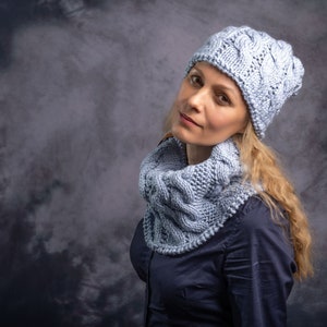 Blue Knitted Hat Scarf Women&#39;s Set. Soft Warm Hat Snood. Handmade Winter Hat Scarf. Wool Beautiful Unique Hat, Stylish Scarf. Gift For Her!