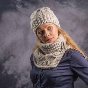 Beanie Scarf Winter Women&#39;s Set/Women&#39;s Handknit Hat Scarf Wool/Soft Warm Hat Scarf/Handmade Unique Cable Hat Pullover Scarf/Gift For Her!