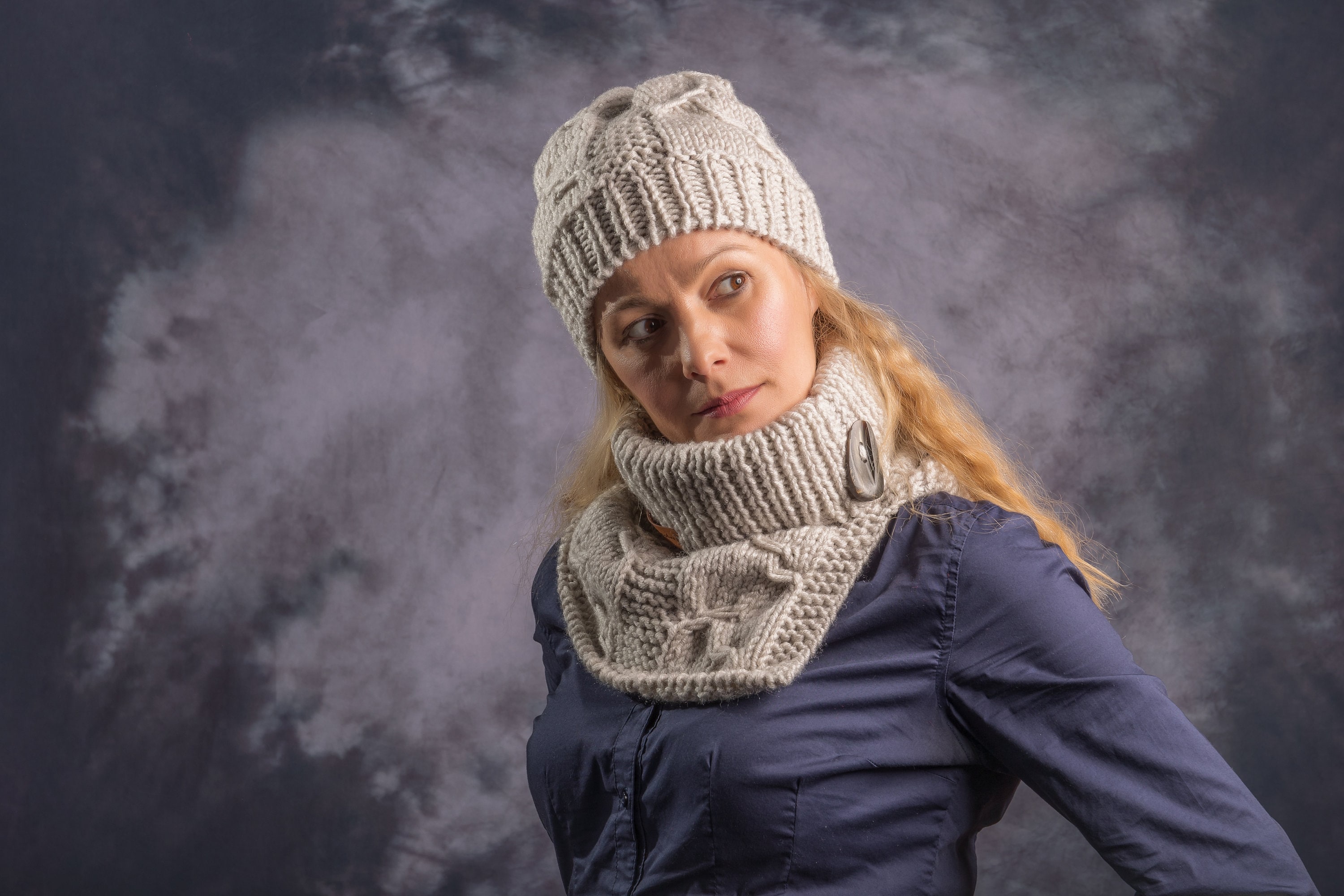Beige Beanie & Scarf, Hand Knitted Winter Warm Women