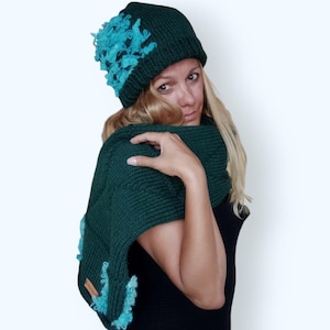 Green Hat & Big Scarf Winter Set. Woman&#39;s Unique Handknit Wool Beanie Scarf. Handmade Puffy Hat Scarf. Women&#39;s Wool Hat Snood. Gift For Her!