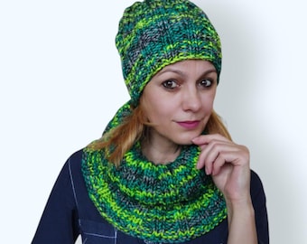 Gorro y bufanda tejidos a mano, conjunto de lana suave multicolor para mujer de invierno/¡regalo para ella!
