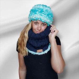 Blue HAT Cloche SCARF Winter Set, Handknitted Women&#39;s Warm Hat Scarf, Knitted Puffy Hat Scarf, Wool Beautiful Unique Hat Scarf/Gift For Her!