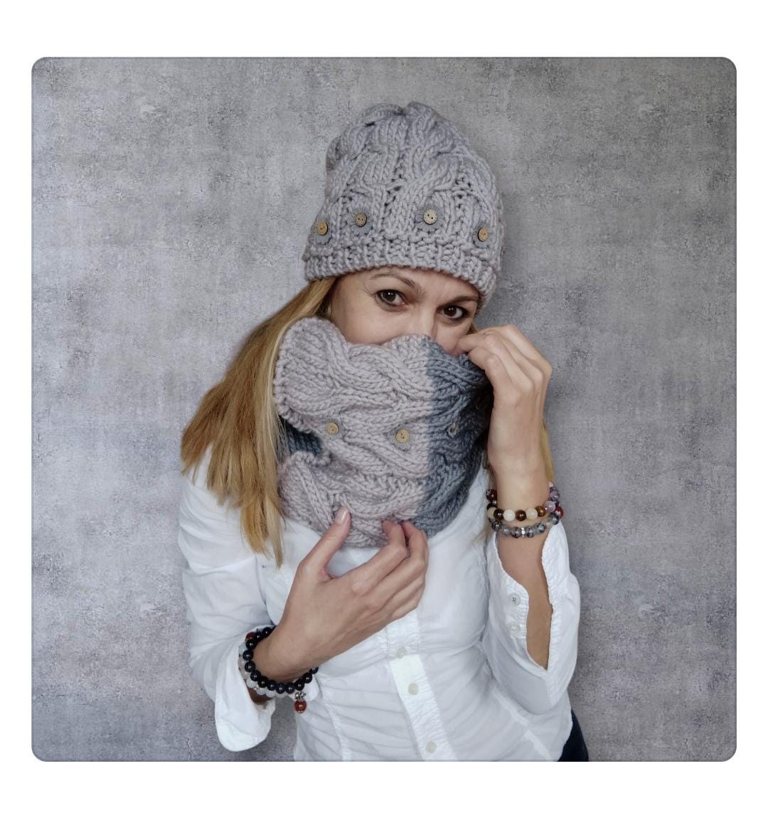 Grey Hand Knit Hat & Scarf, Winter Women