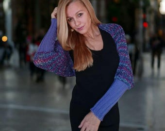 Kort vest met open voorkant, handgebreide veelkleurige bolero met mouwen, overslag/cadeau voor haar!