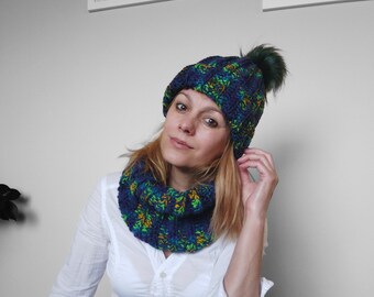 Hat With Pompom & Scarf, Crochet Multicolor Winter Warm  display picture 3