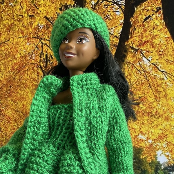 Ensemble tricoté vert irlandais 3 pièces pour poupée, une robe corolle, une veste/blouson et un béret au crochet -Fait main- Tenue d'automne