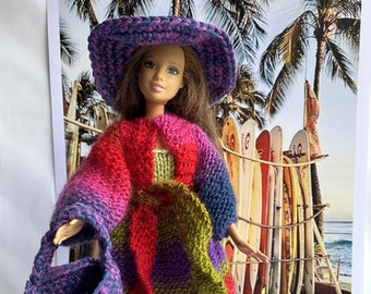 Multicolored striped coat, anise green dress, hat and tote bag in purple and pink cotton - knitting - handmade - doll clothes