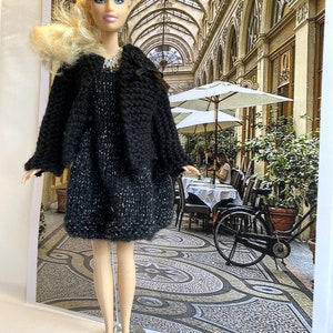 Robe bustier en laine noire pailletée, veste noire avec petit nœud ruban tricot vêtement poupée fait main France image 6