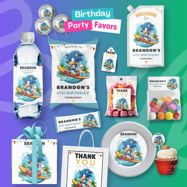 Sonic Party Favors, Chip bag template, Water bottle label, Juice pouch label, Chocolate bar wrapper, Cupcake Toppers,