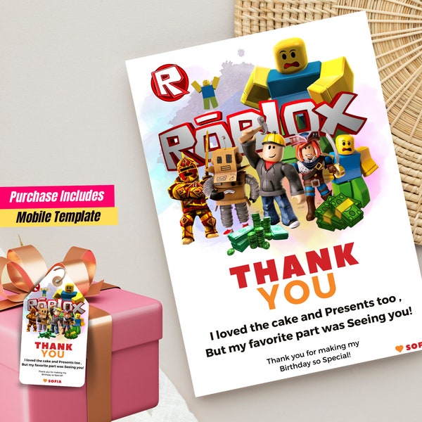 Editable Roblox thank you party cards Roblox thank you party stickers Instant Download Roblox thank you card template Instant Download Digi