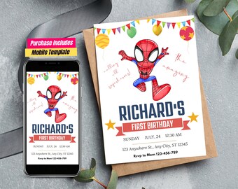 Editable spiderman Birthday Invitation Template, Printable Birthday Party Invitation Digital Kids Party Invite Template Spidey Invitation