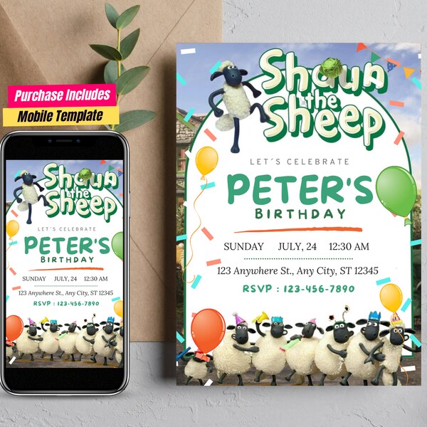 Shaun das Schaf Kindergeburtstag einladen, bearbeitbare Partyeinladungsvorlage Shaun das Schaf inspirierte Geburtstagskarte, personalisierte Geburtstagskarten