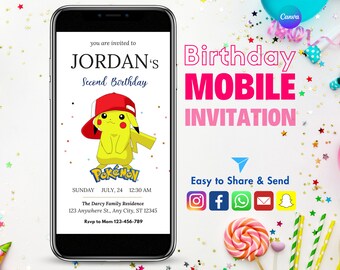 Faire-part d'anniversaire Pikachu pour téléphone portable imprimable Faire-part d'anniversaire Pikachu pour téléphone portable personnalisé Carte d'anniversaire Pikachu pour mobile à téléchargement immédiat Pi