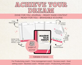 Programme de coaching Dream Journal : cahier d'exercices personnalisable, définition d'objectifs (modèle canva)