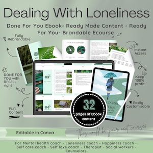 May include: A digital product mockup for an ebook titled "Dealing With Loneliness". The ebook cover features a person walking on a path in a forest. The mockup shows a computer screen displaying the ebook pages, a table of contents, and a title page. The text "32 pages of Ebook content" is displayed in a circle.