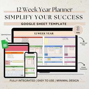 12 Week Year Planner Google Sheets Template, 12 Week Goal Planner Tracker, 3 month Quarterly Goal Planner Annual 90 Day Spreadsheet Template