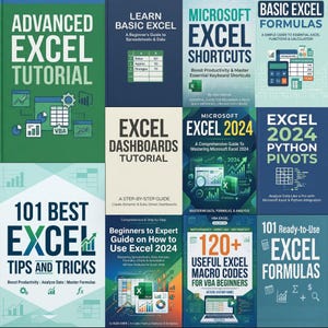 May include: A collection of Excel tutorial books with titles like "Advanced Excel Tutorial," "Learn Basic Excel," and "Excel Shortcuts." The books feature colorful covers with text and graphics related to spreadsheets, data analysis, and formulas.