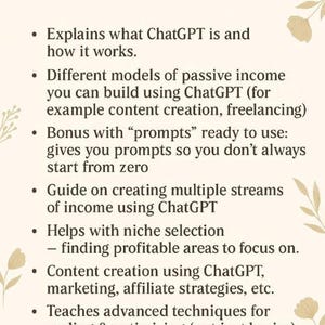 Puede incluir: Infograf&iacute;a beige con el t&iacute;tulo "Important point" y vi&ntilde;etas que explican ChatGPT, modelos de ingresos pasivos, indicaciones, flujos de ingresos, selecci&oacute;n de nichos, creaci&oacute;n de contenido, t&eacute;cnicas avanzadas y trampas comunes.