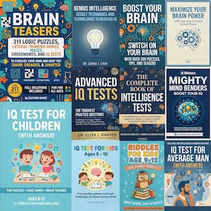 Puede incluir: Una colección de libros con cubiertas coloridas, con títulos como "Brain Teasers", "IQ Test for Children" y "Advanced IQ Tests". Los libros prometen aumentar la capacidad cerebral con rompecabezas, juegos y pruebas para todas las edades. Las cubiertas muestran ilustraciones y texto.