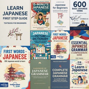 Puede incluir: Una colección de libros para aprender japonés. Los títulos incluyen "Learn Japanese", "15-Minute Japanese", "Japanese for Beginners", "600 Basic Japanese Verbs", "Japanese Picture Dictionary", "First Words - Japanese", "Essential Japanese Grammar" y "Complete Japanese Grammar".