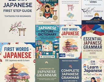 Puede incluir: Una colección de libros para aprender japonés. Los títulos incluyen "Learn Japanese", "15-Minute Japanese", "Japanese for Beginners", "600 Basic Japanese Verbs", "Japanese Picture Dictionary", "First Words - Japanese", "Essential Japanese Grammar" y "Complete Japanese Grammar".