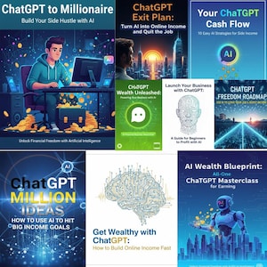 Op de afbeelding: Een verzameling boekomslagen en promotionele afbeeldingen gericht op het gebruik van AI, met name ChatGPT, voor financieel gewin. Titels zijn onder meer "ChatGPT to Millionaire", "ChatGPT Exit Plan" en "AI Wealth Blueprint". De ontwerpen bevatten illustraties en tekst.