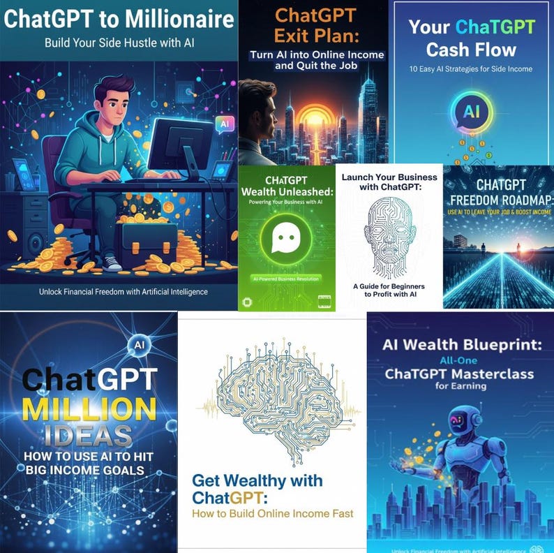 Puede incluir: Una colecci&oacute;n de portadas de libros y gr&aacute;ficos promocionales centrados en el uso de la IA, espec&iacute;ficamente ChatGPT, para obtener ganancias financieras. Los t&iacute;tulos incluyen "ChatGPT to Millionaire", "ChatGPT Exit Plan" y "AI Wealth Blueprint". Los dise&ntilde;os presentan ilustraciones y texto.