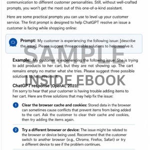 Puede incluir: Un gr&aacute;fico informativo blanco y azul titulado "Mejorar la atenci&oacute;n al cliente con ChatGPT". El texto proporciona indicaciones y soluciones para problemas de servicio al cliente, incluida la limpieza de la cach&eacute; y las cookies. La imagen incluye el texto "SAMPLE INSIDE EBOOK".