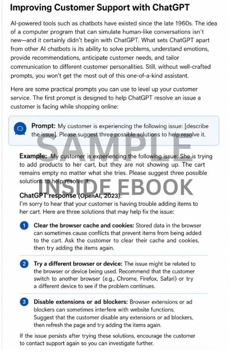 Puede incluir: Un gr&aacute;fico informativo blanco y azul titulado "Mejorar la atenci&oacute;n al cliente con ChatGPT". El texto proporciona indicaciones y soluciones para problemas de servicio al cliente, incluida la limpieza de la cach&eacute; y las cookies. La imagen incluye el texto "SAMPLE INSIDE EBOOK".