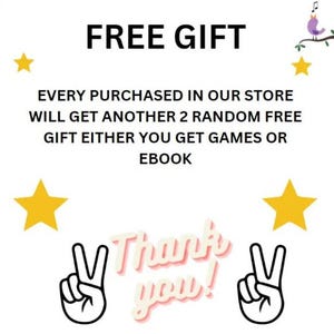 Puede incluir: Un gr&aacute;fico blanco con las palabras "FREE GIFT" en letras negras en negrita. El texto de abajo indica que cada compra incluye dos regalos gratuitos aleatorios, ya sean juegos o libros electr&oacute;nicos. La imagen incluye estrellas amarillas, un signo de la paz y las palabras "Thank you!"
