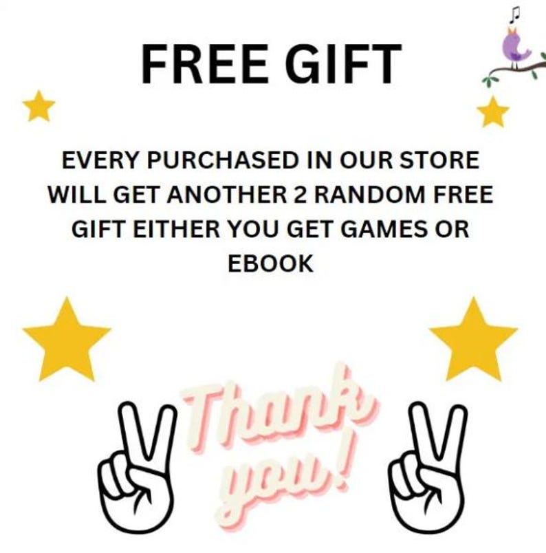 Puede incluir: Un gr&aacute;fico blanco con las palabras "FREE GIFT" en letras negras en negrita. El texto de abajo indica que cada compra incluye dos regalos gratuitos aleatorios, ya sean juegos o libros electr&oacute;nicos. La imagen incluye estrellas amarillas, un signo de la paz y las palabras "Thank you!"