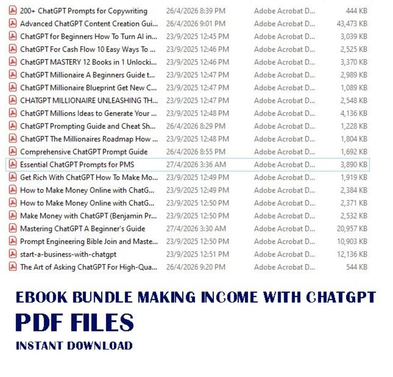 Puede incluir: Una imagen de un producto digital que muestra un paquete de libros electr&oacute;nicos titulado "Ebook Bundle Making Income with ChatGPT PDF Files". La imagen muestra una lista de archivos PDF relacionados con ChatGPT, con la frase "Descarga instant&aacute;nea" en la parte inferior.