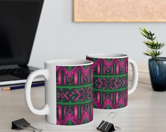 Taza de cerámica estilo mudcloth de color rosa brillante y verde de 11 oz. Taza bonita y elegante que luce genial en cualquier escena.