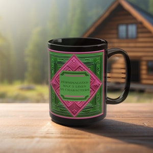May include: Black ceramic mug with a green and pink geometric design. The mug has a white label with the text "Personalized Max 3 Lines 65 Characters".