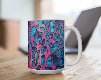 Los fanáticos de las películas de terror y ciencia ficción disfrutan de esta taza rosa y azul sobre blanco de 15 oz.