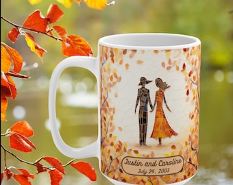 Serie de amores de otoño.  Taza número 1 de 15 oz que celebra el romance entre personas mayores