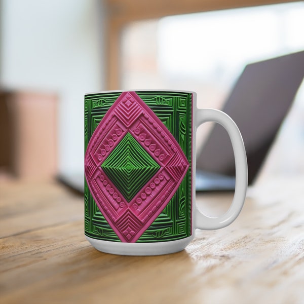 Bright Green and Pink Tin Ceiling Tile Ceramic Mug 15 oz. and 11 oz.