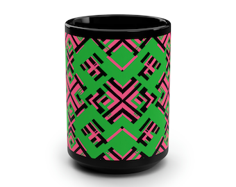 Taza con diseño tipo Argyle rosa, negro y verde