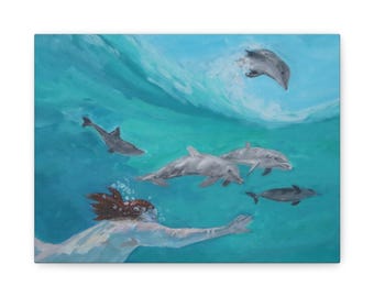 Decoración de pared oceánica, lienzo submarino de delfines, regalo para amantes de la naturaleza, arte de pared para casa de playa, decoración única para el hogar
