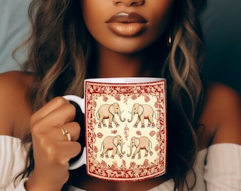 Taza "Paseo en Elefante". Esta taza de cerámica roja y color crudo te hará querer empezar a planificar tu propio paseo en elefante.
