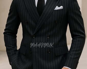 Men's Black Pinstripe Double-Breasted Suit | Custom Tailored Wedding Groom Attire | Business Formal Tuxedo | Classic Peak Lapel Suit