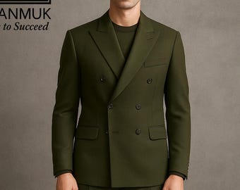 メンズグリーンダブルブレストスーツ：スリムフィットヴィンテージ