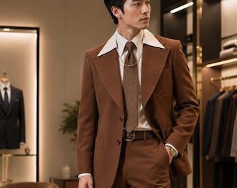 Men's Retro Brown 2-Piece Suit | 70s Vintage Flared Trousers | Boho Groom Wedding Suit | Custom Bell Bottom Formal Wear