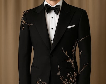 Men's Black Tuxedo Jacket: Gold Floral Embroidery Wedding Blazer - MAANMUK Couture